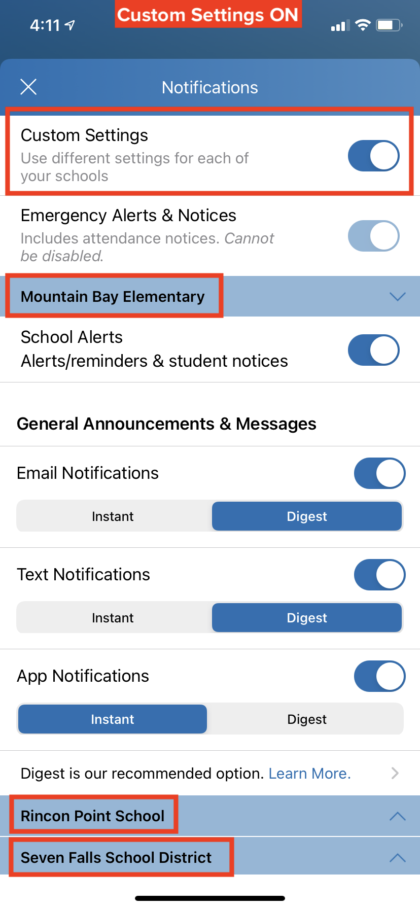 ParentSquare App Custom Notification Settings Image